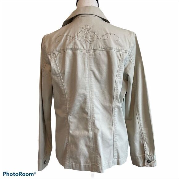 Chico's Tan Denim Jacket with Bling and Embroidery - Size 8 - Picture 11 of 11